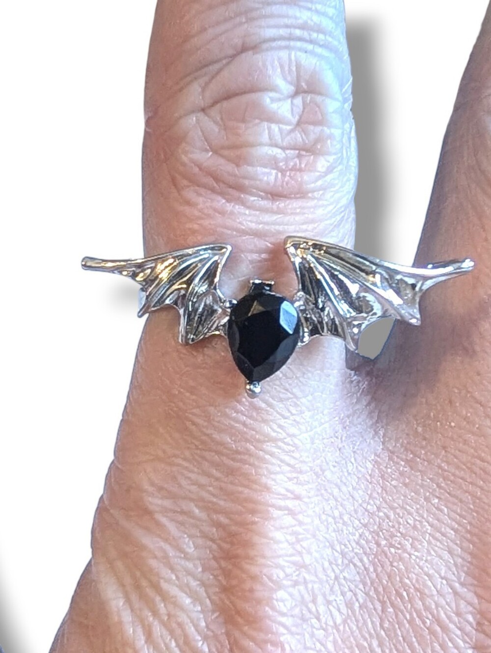 NWT Large Silver Bat Wing and Black Gem Ring Adjustable Size